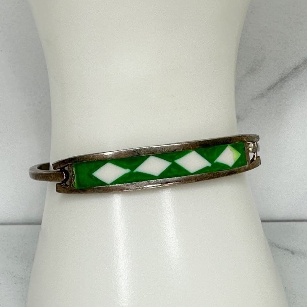 Alpaca Mexico Vintage Green White Diamond Pattern Inlay Hinged Bangle Bracelet ✨